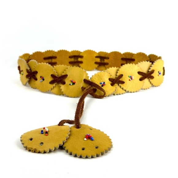 Vintage Western Deerskin Light Brown Beaded Embellished Soft Leather Belt - Picture 2 of 10